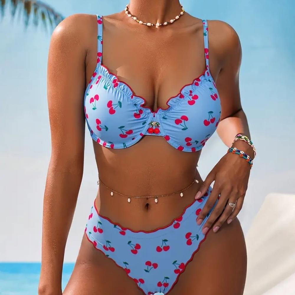 Cherry Print Blue Bikini Set